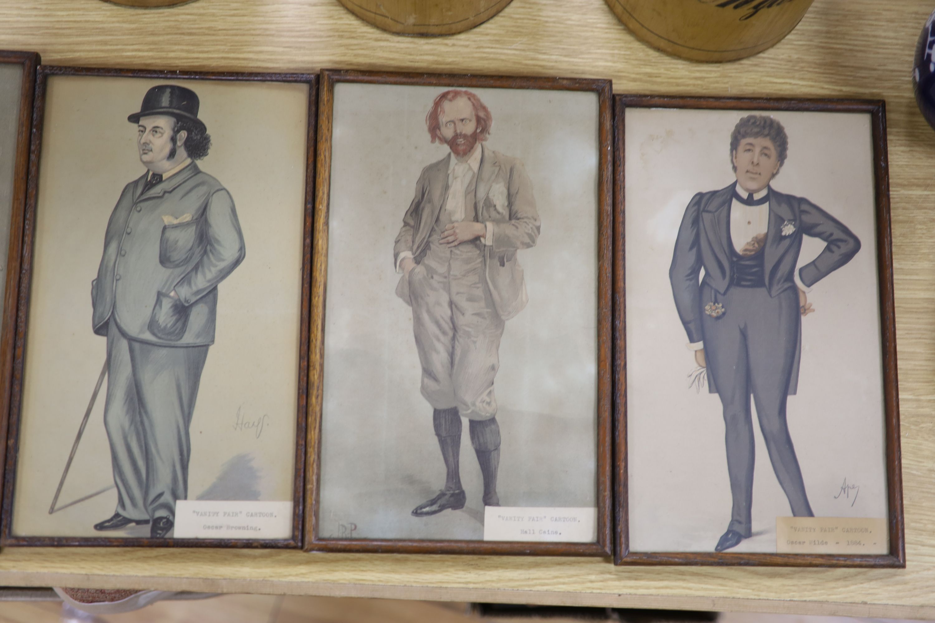 Five assorted Vanity Fair prints including Oscar Wilde, and Robert Browning, largest 32 x 21cm